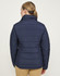 A women's navy blue sustainable insulated puffer jacket with a 3D cut, featuring a standing collar and fitted design.