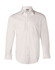 A white long-sleeved button-up shirt with a chest pocket and branding. Made from cotton/poly stretch material.