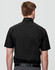 A black men's short-sleeve button-up shirt with a classic collar and fitted style, featuring a logo on the back.
