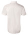 A white men's short-sleeve button-up shirt with a smooth finish, featuring a logo on the back.