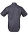 A short-sleeved men's button-up shirt in dark grey with a smooth finish and a logo on the back.