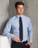 A men's long sleeve shirt in light blue with a stripe pattern and a dark tie, featuring a small logo.
