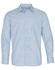 A light blue long sleeve button-up shirt featuring vertical stripes and a logo.