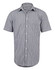 A short-sleeve men's button-up shirt with a black and white gingham check pattern. The shirt features a collar and front buttons.
