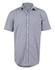A short-sleeve navy and white gingham check button-up shirt with a collar and logo branding.