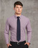 A men's two-tone mini check long sleeve shirt in purple and white, paired with a dark tie against a textured background.