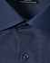 A navy blue men's button-up shirt featuring a pin dot pattern and a logo on the collar.