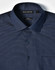 A navy blue button-up shirt featuring a pin dot pattern, with a single chest pocket and a branded label.