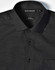 A black pin dot short-sleeve button-up shirt featuring a collar, buttons, and a pocket, with a logo on the label.