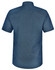 A short-sleeved, button-up shirt in navy blue with a pin dot pattern and a collar, featuring a logo on the back.