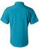 A teal short sleeve shirt with a collar and a logo on the back. The fabric appears lightweight and breathable.