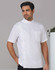 A short-sleeve white jacket with a snap front and a chest pocket, featuring a modern design for men.