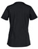 A black women's scrub top with short sleeves and a fitted design, featuring a logo on the back.