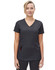 A solid black short-sleeve scrub top with a V-neck and pockets, featuring a logo.
