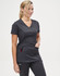 A solid black women's short-sleeve scrub top with a V-neck and side pockets, featuring a logo.