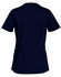 A navy blue ladies' scrub top with short sleeves and a simple design, featuring a logo on the back.