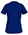 A solid navy short-sleeve scrub top with a slight tail and side pockets, featuring a logo on the back.