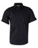 A black men's short sleeve military shirt with button-up front and two chest pockets, featuring rolled-up sleeves.