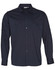 A navy blue long sleeve military-style shirt featuring two chest pockets and shoulder details. It includes a logo.