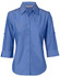 A blue women's button-up shirt with 3/4 sleeves and a collar, featuring a logo on the fabric.