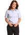 A short-sleeved blue women's fine twill button-up shirt worn by a smiling model. The shirt features a collar and buttons.