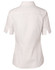 A women's short-sleeve button-up shirt in white with a self-stripe pattern and a logo on the back.