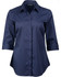 A navy blue button-up shirt with 3/4 sleeves and a modern fit, featuring a logo on the collar.