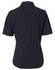 A navy women's pin stripe short sleeve button-up shirt with rolled cuffs. The back design features subtle pinstripes and a collar.