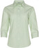 A green striped 3/4 sleeve button-up shirt featuring a collar and a logo on the label.