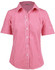 A short-sleeve button-up shirt in red and white gingham check pattern, featuring a collar and a branded label.