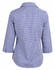 A two-tone check button-up shirt with 3/4 sleeves, featuring a blue and white pattern and a collar.