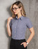 A short-sleeved, two-tone check shirt in blue and white, featuring a button-up front and a collar.