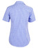 A short-sleeve women's button-up shirt featuring a blue and white check pattern, with a logo on the back.