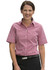 A short-sleeved women's button-up shirt featuring a red and white gingham check pattern. The shirt has a collar and a logo.