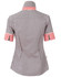 A black and white gingham check short sleeve shirt with a contrasting red check collar and cuffs. Features a branding logo.