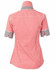 A red and white gingham check women's button-up shirt with short sleeves and a grey cuff detail.