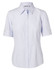 A light blue, short-sleeved women's button-up shirt with a collar and button details on the sleeves, featuring a logo.