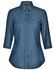 A blue ladies' button-up shirt featuring a pin dot design and 3/4 sleeves, with a collar and a logo.