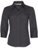 A dark grey women's 3/4 sleeve shirt with a collared neck and button front, featuring a logo on the label.