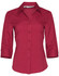 A red 3/4 sleeve shirt with a collar and buttons, featuring a logo on the label.