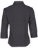 A dark grey women's 3/4 sleeve shirt with a collared neckline and a logo on the back.