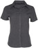 A grey short sleeve shirt with a collar, featuring a button front and a branded logo at the neck.