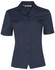A navy short sleeve overblouse with a button-up front and a collar, featuring a logo.