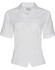A white women's short sleeve overblouse with a button front and a pocket, featuring a logo.