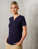 A navy short-sleeved V-neck knit top for ladies with a tab collar design and a logo.