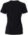 A black ladies’ V-neck short sleeve knit top, featuring a simple design and a logo on the back.