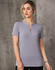 A grey ladies' V-neck short-sleeve knit top with a tab detail and logo.