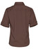 A short sleeve military shirt in dark brown, featuring a standard collar and rolled cuffs, with a logo on the back.