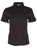 A women's short sleeve military shirt in black, featuring button-up front and two chest pockets. It has a logo.