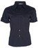 A women's short sleeve military shirt in navy blue with button-up front and two chest pockets. Features a logo.